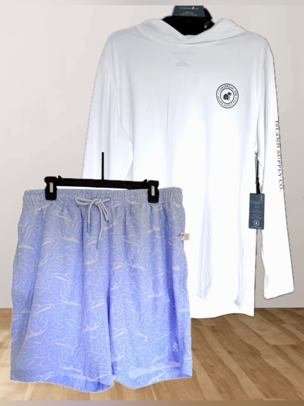 NWT Caribbean Joe L White Blue Swim Short UPF 50 Long Sleeve Hoodie T-Shirt Set